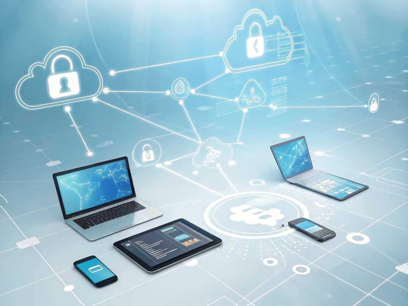 An image illustrating a secure cloud computing environment with multiple devices connected, representing the accessibility and security of cloud-based solutions.
